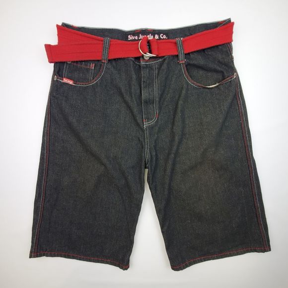 5IVE JUNGLE & CO BLACK DENIM SHORTS RED BELT - Picture 1 of 4
